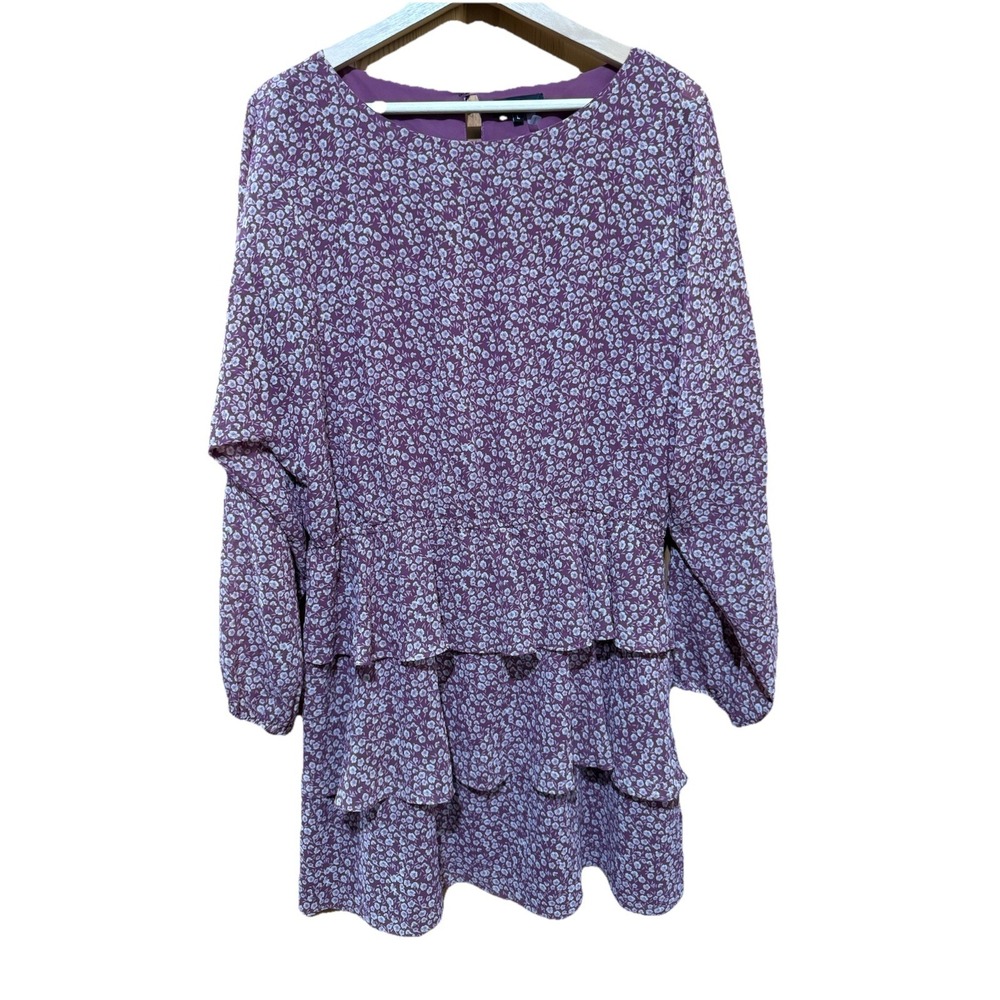 1.‎ State Purple Tiny Floral Long Sleeve Ruffle Dress Lined Size Large EUC